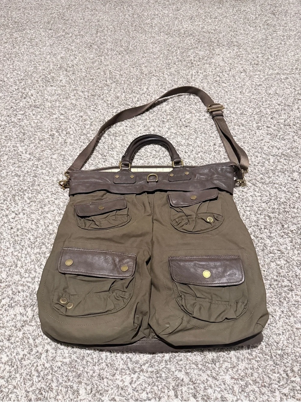 Polo Ralph Lauren Men's Olive Canvas Crossbody Tote Bag with Brown Leather Trim